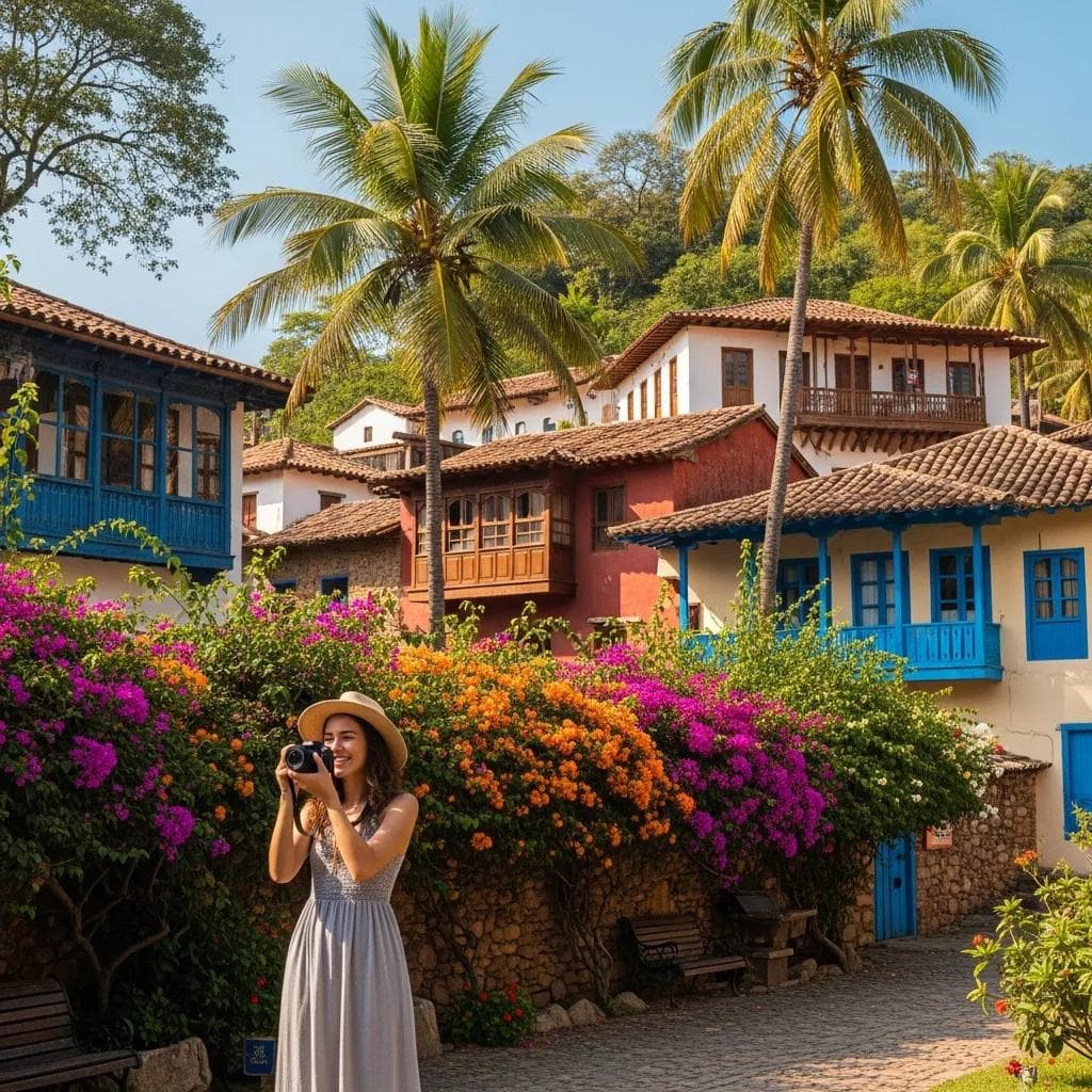 Solo traveler enjoying an adventure in a beautiful destination, capturing memories with a camera