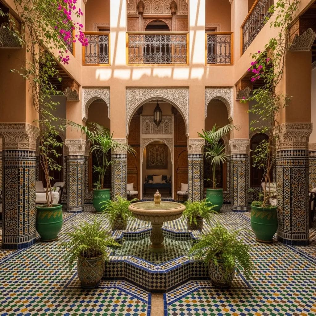 Moroccan riad courtyard with zellige tiles and shaded greenery